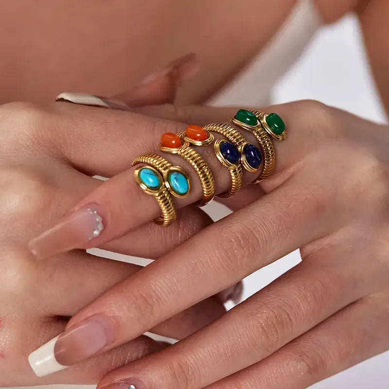 18K Gold Plated Snake Ring with Stone Inlay: Emerald