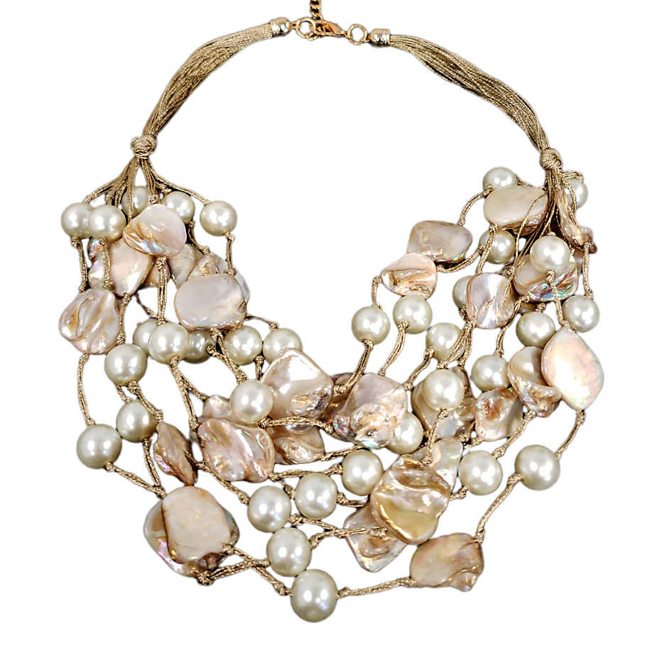 Gold Abalone Seashell & Pearl Multi Strand Layer Necklace