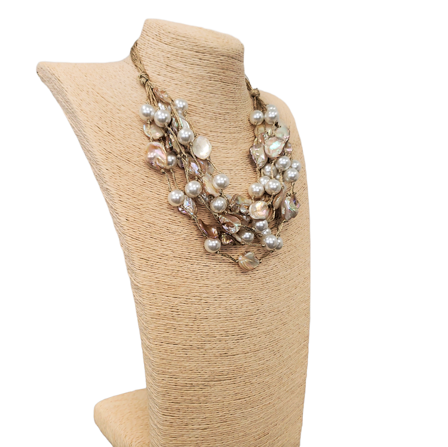 Gold Abalone Seashell & Pearl Multi Strand Layer Necklace
