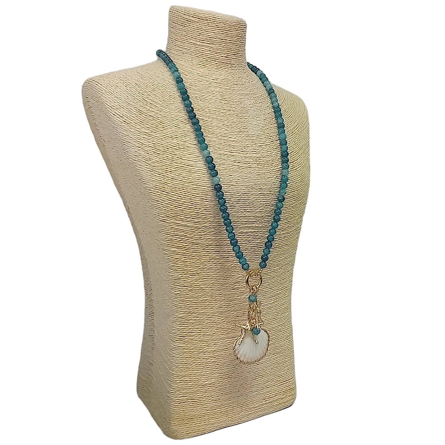 Teal Blue Starfish & Seashell Ocean Life Charm Necklace