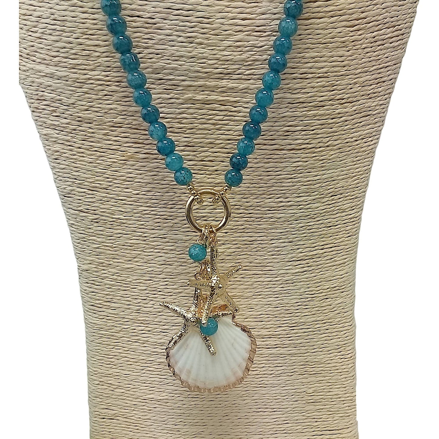 Teal Blue Starfish & Seashell Ocean Life Charm Necklace