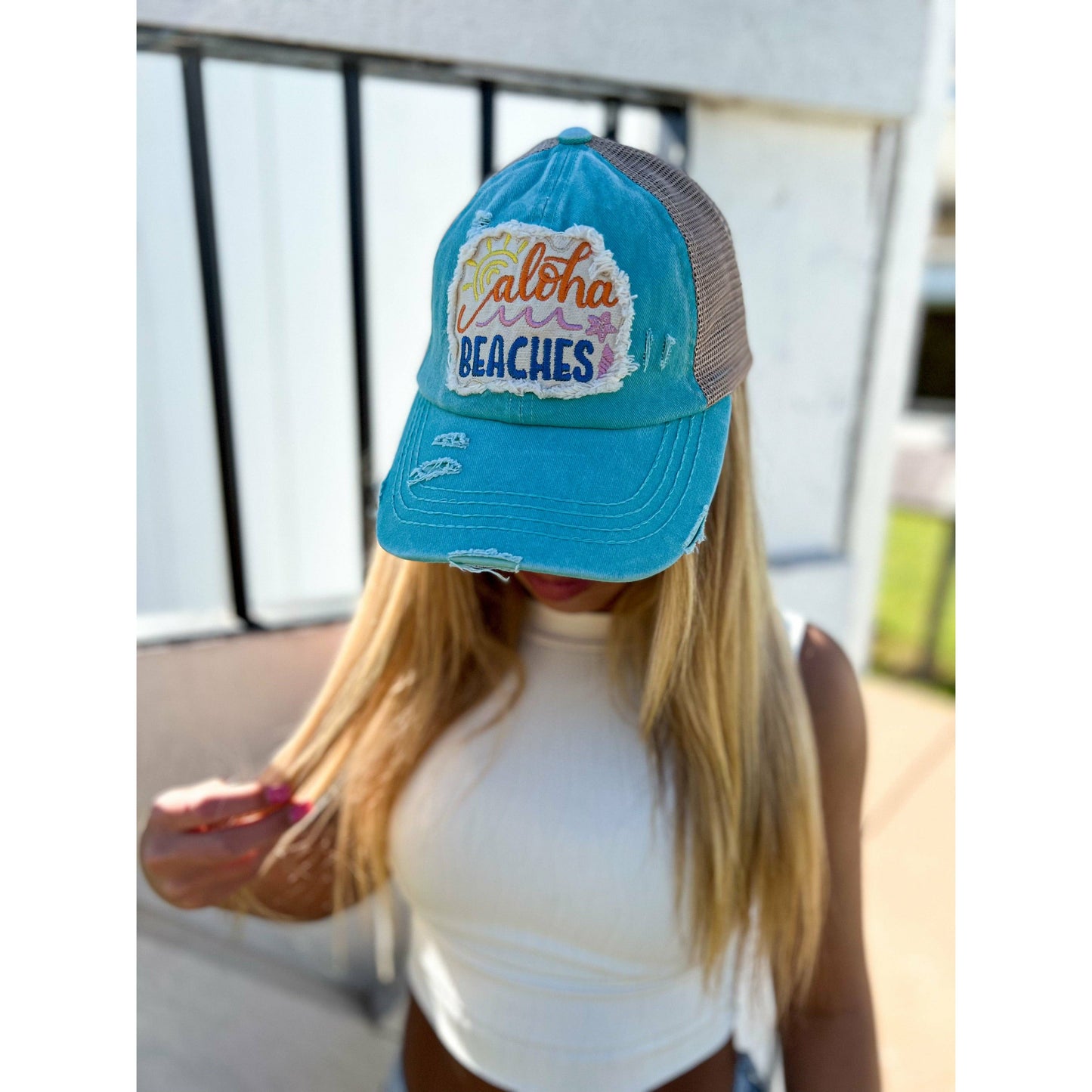 Embroidered Aloha Beaches Patch C.C High Pony Criss Cross Ba: Coral