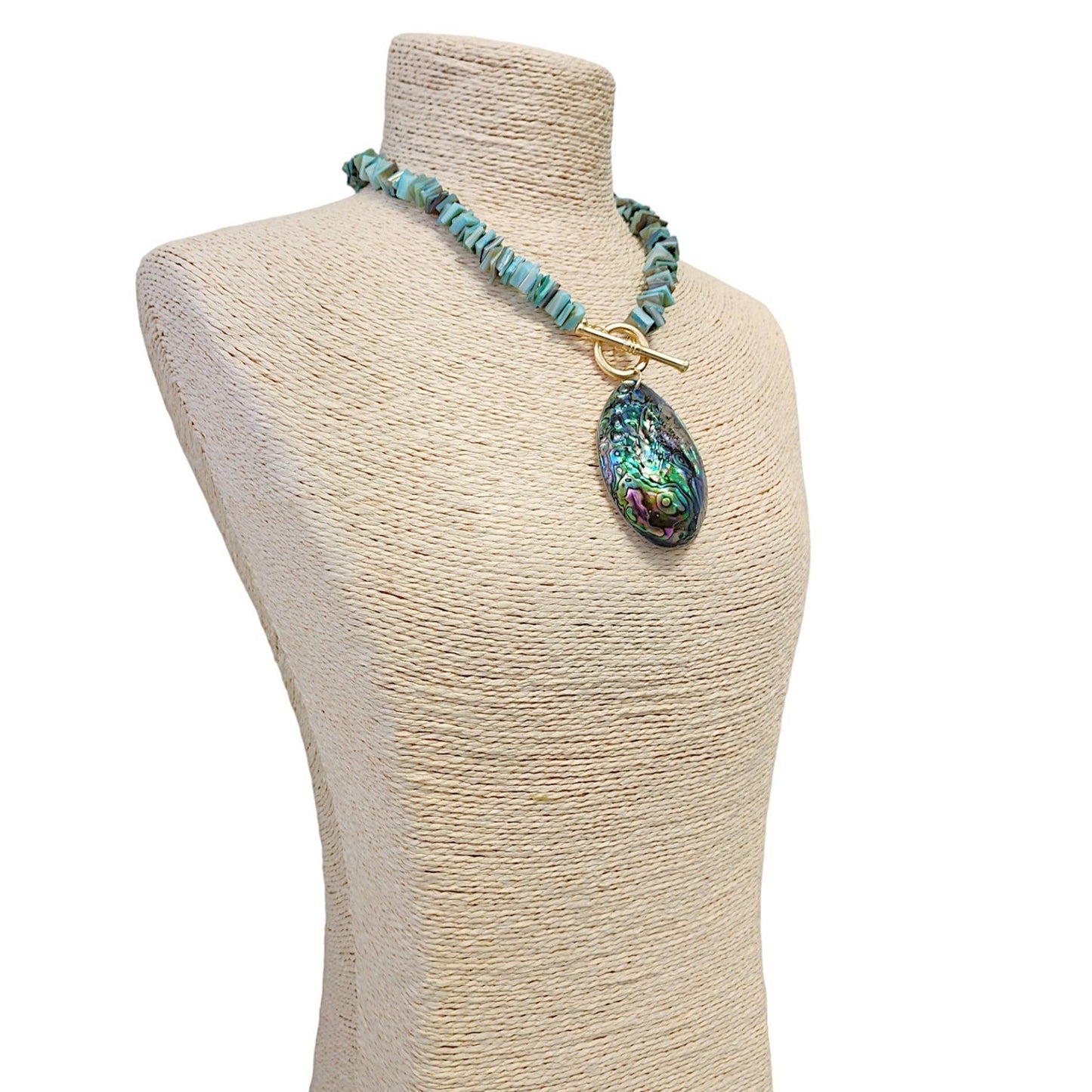 Sage Green Chip & Abalone Peacock Seashell Pendant Necklace
