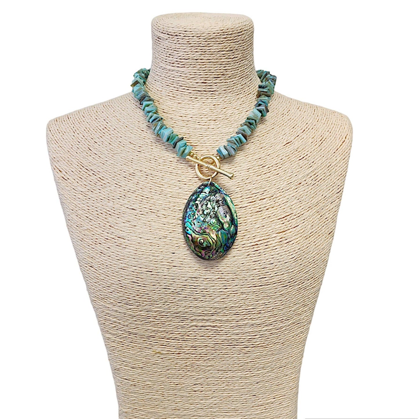 Sage Green Chip & Abalone Peacock Seashell Pendant Necklace