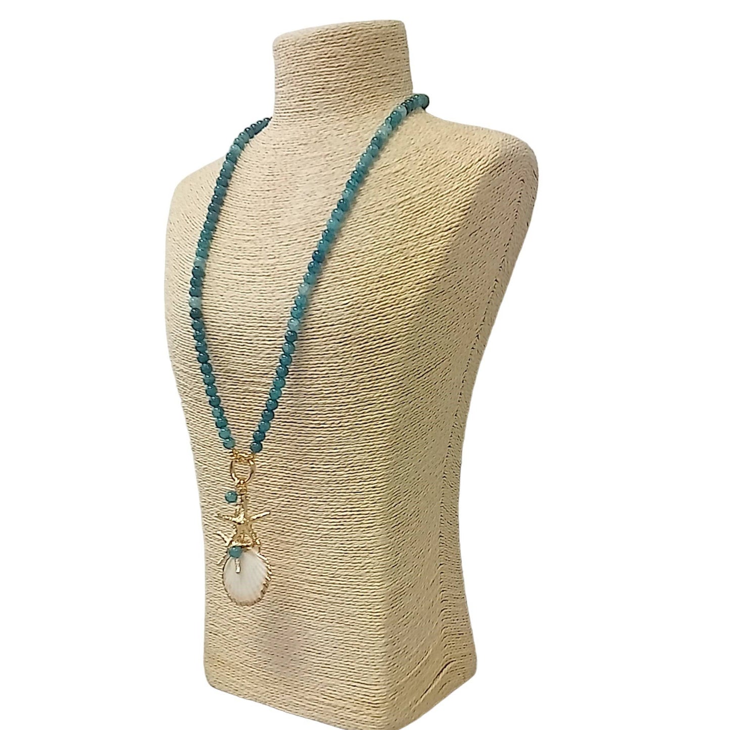 Teal Blue Starfish & Seashell Ocean Life Charm Necklace