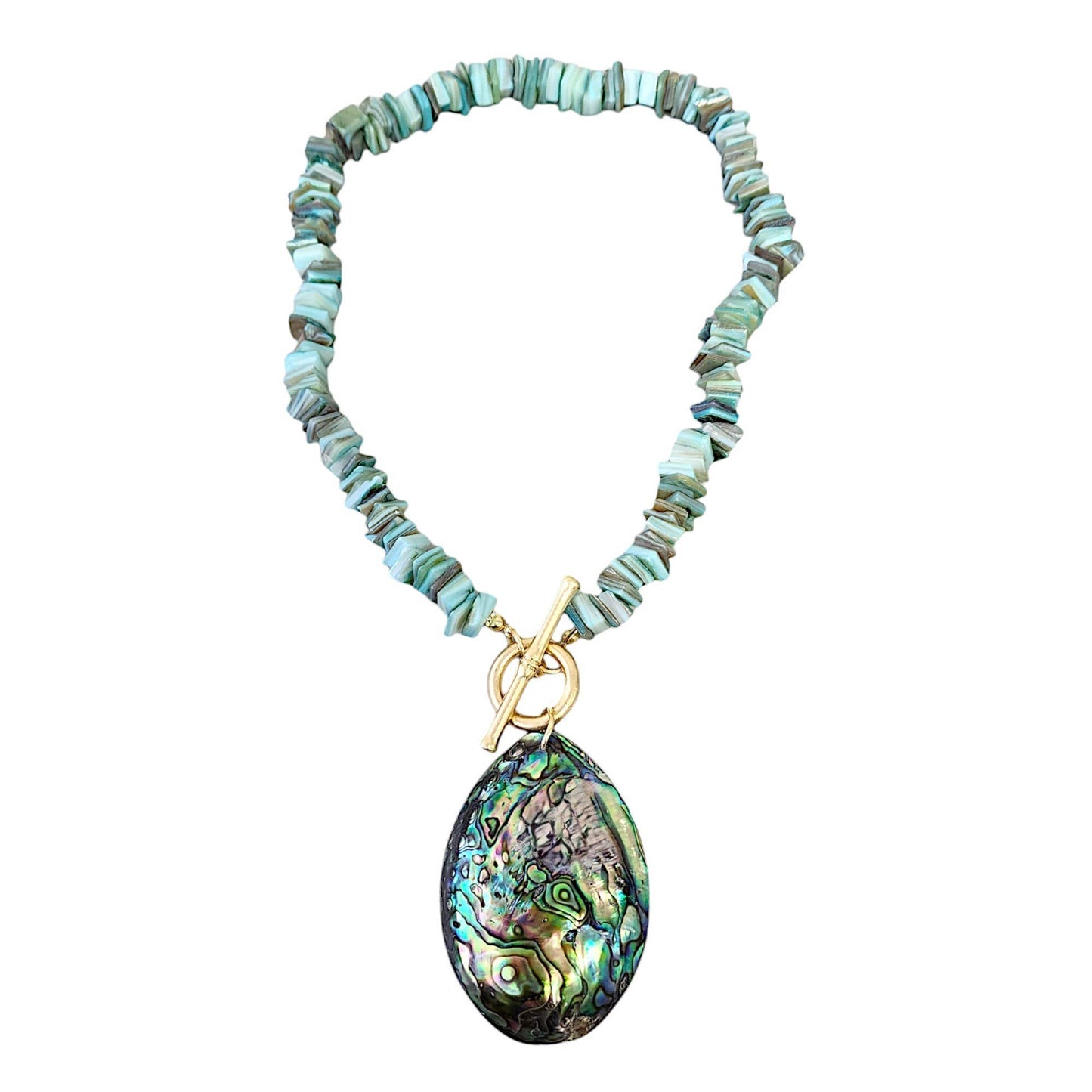 Sage Green Chip & Abalone Peacock Seashell Pendant Necklace