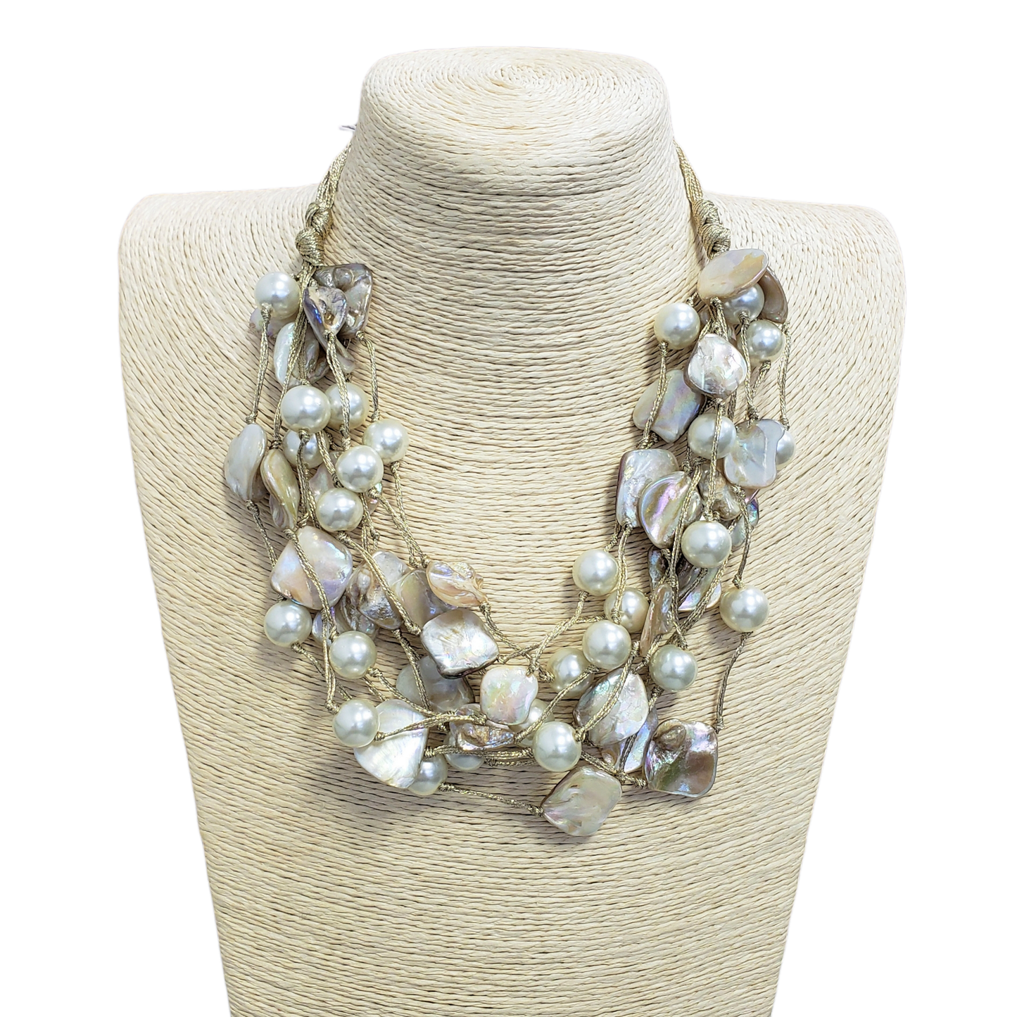 Gold Abalone Seashell & Pearl Multi Strand Layer Necklace