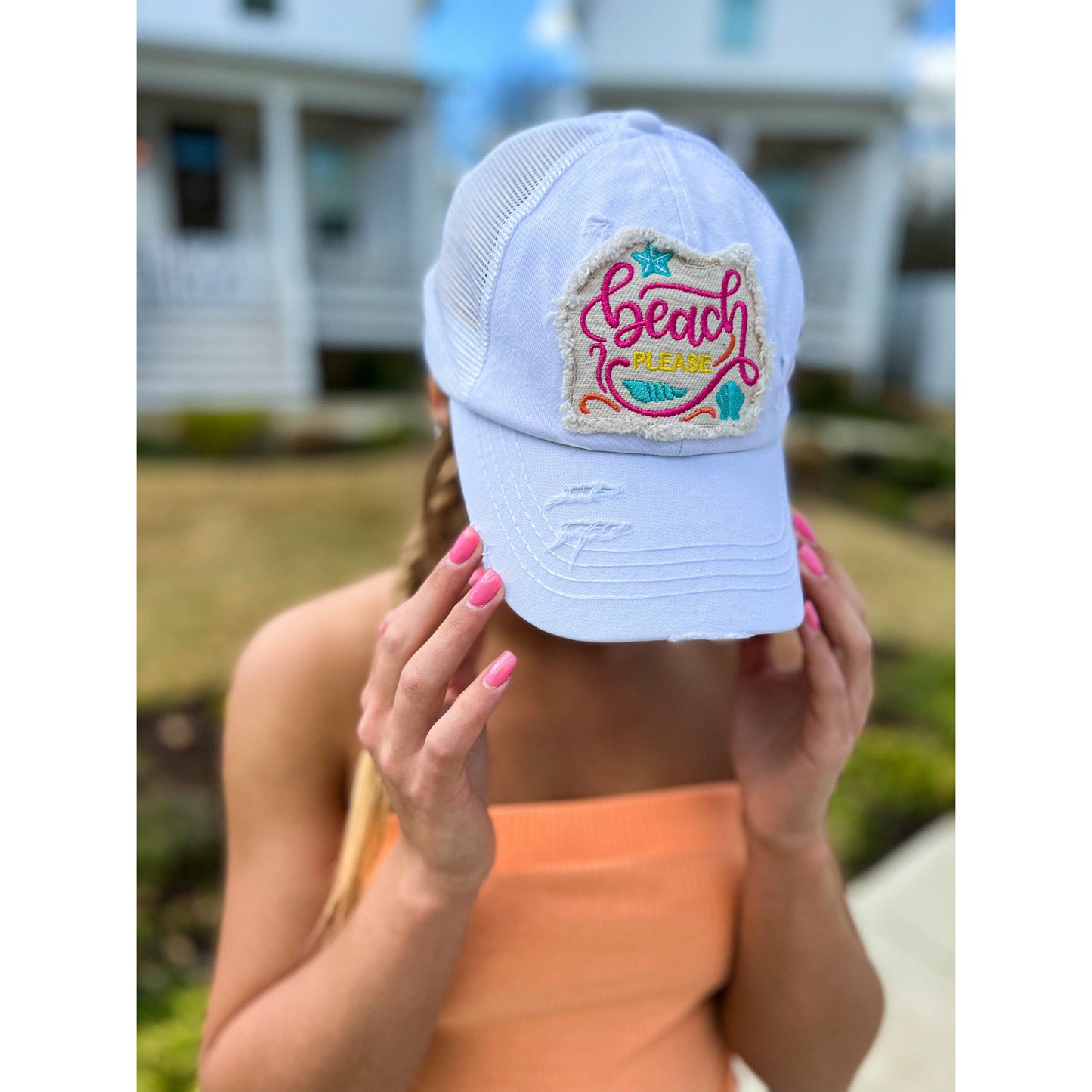 Embroidered Beach Please Patch C.C High Pony Criss Cross Bal: Coral