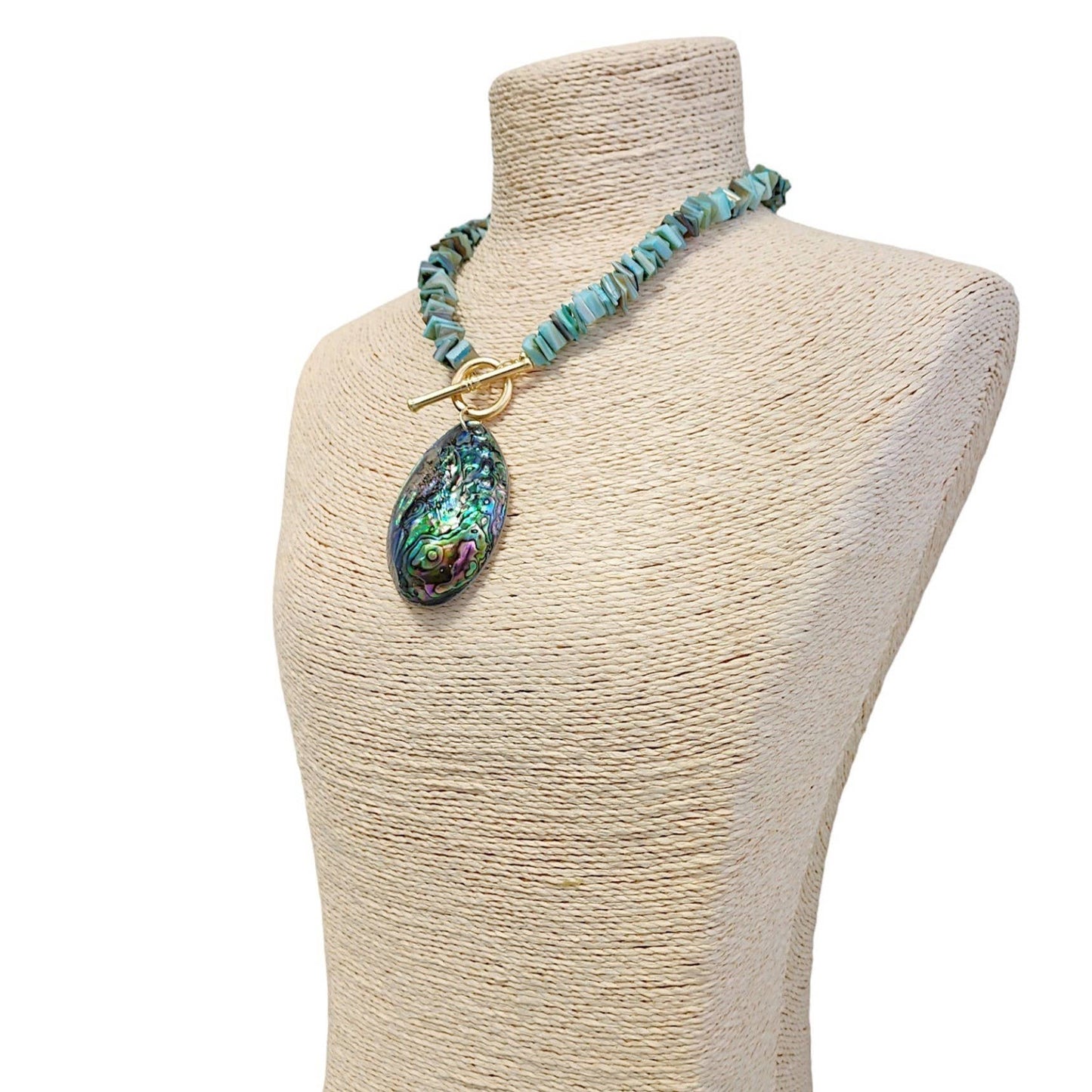 Sage Green Chip & Abalone Peacock Seashell Pendant Necklace