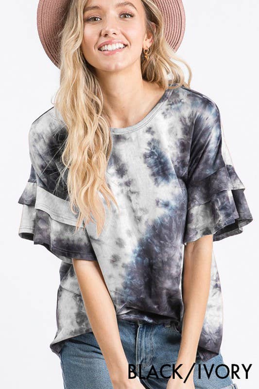 RUFFLED SLEEVE MULTI COLOR TIE DYE TOP