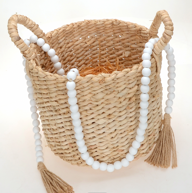 White Wood Bead Garland with Tassels