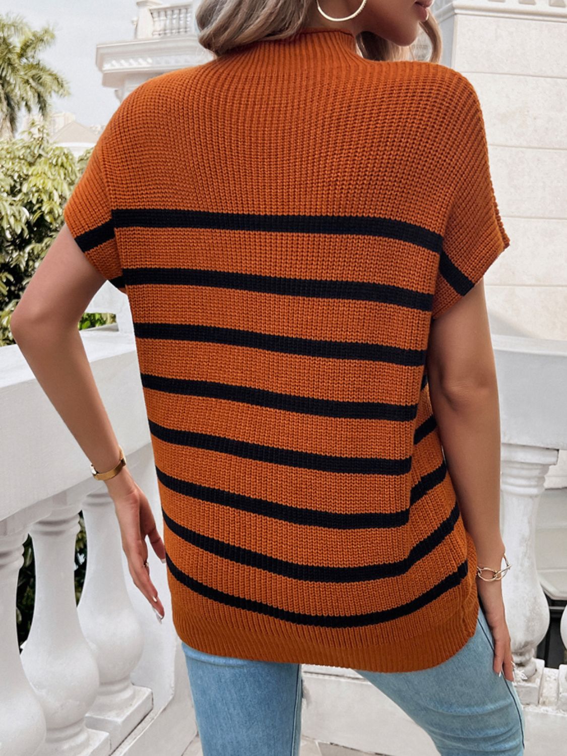 Devine Striped Mock Neck Short Sleeve Sweater