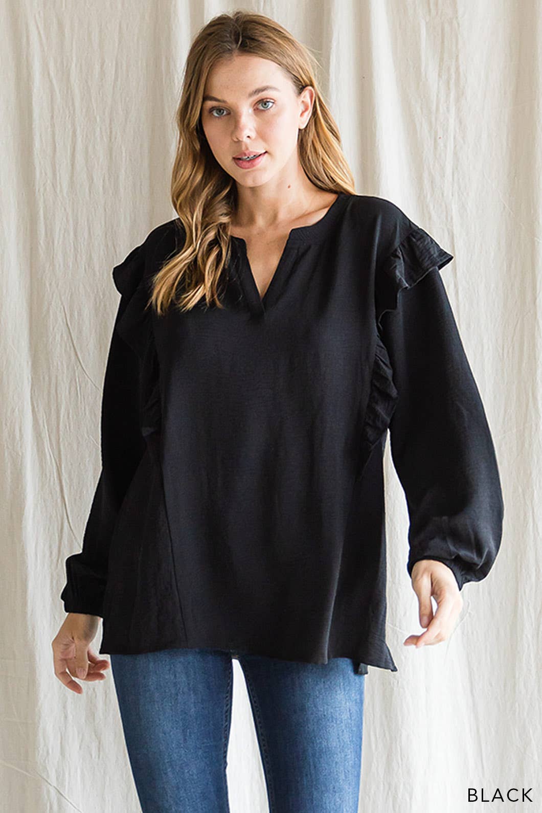 Airflow Ruffle Detail Women's Long Sleeve Top: LARGE / BLACK