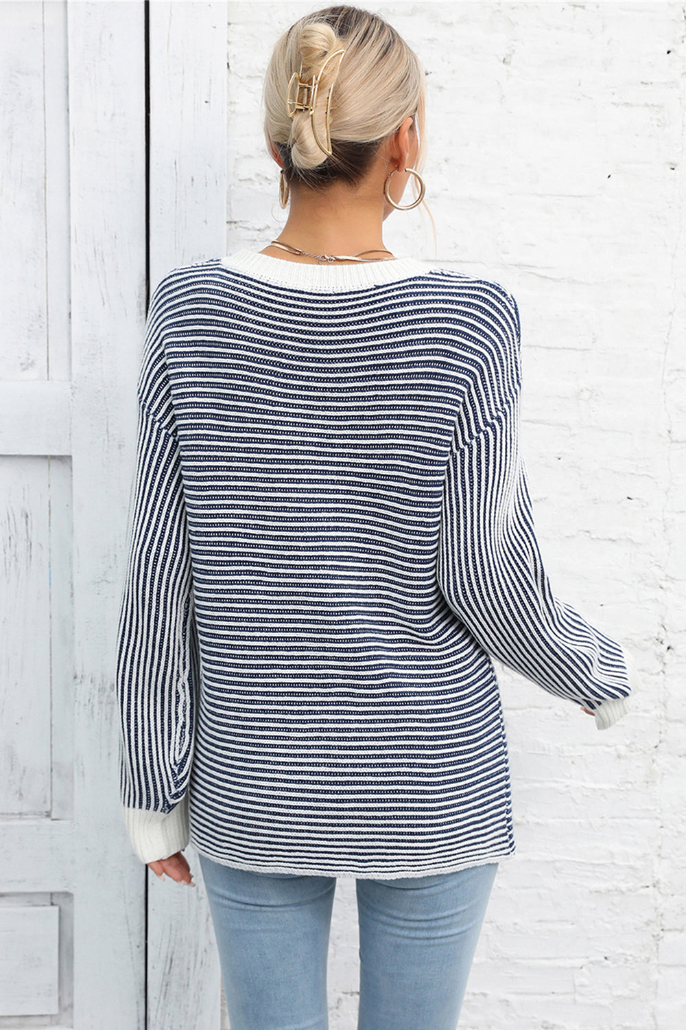 Angel Wings Striped Round Neck Long Sleeve Knit Top