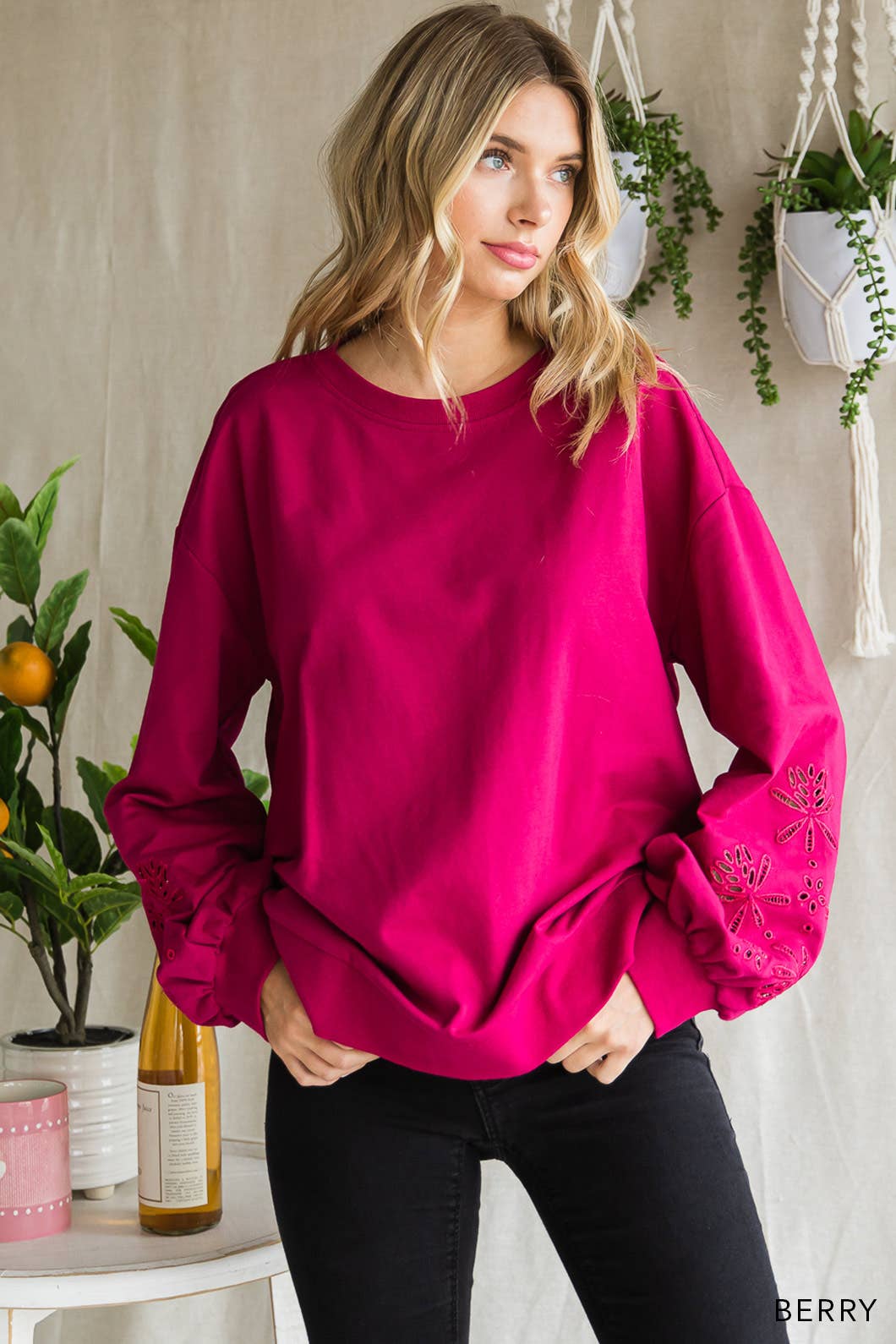 Women's Embroidery Sleeve Cotton Terry Pullover Top: S-M-L-XL / BERRY