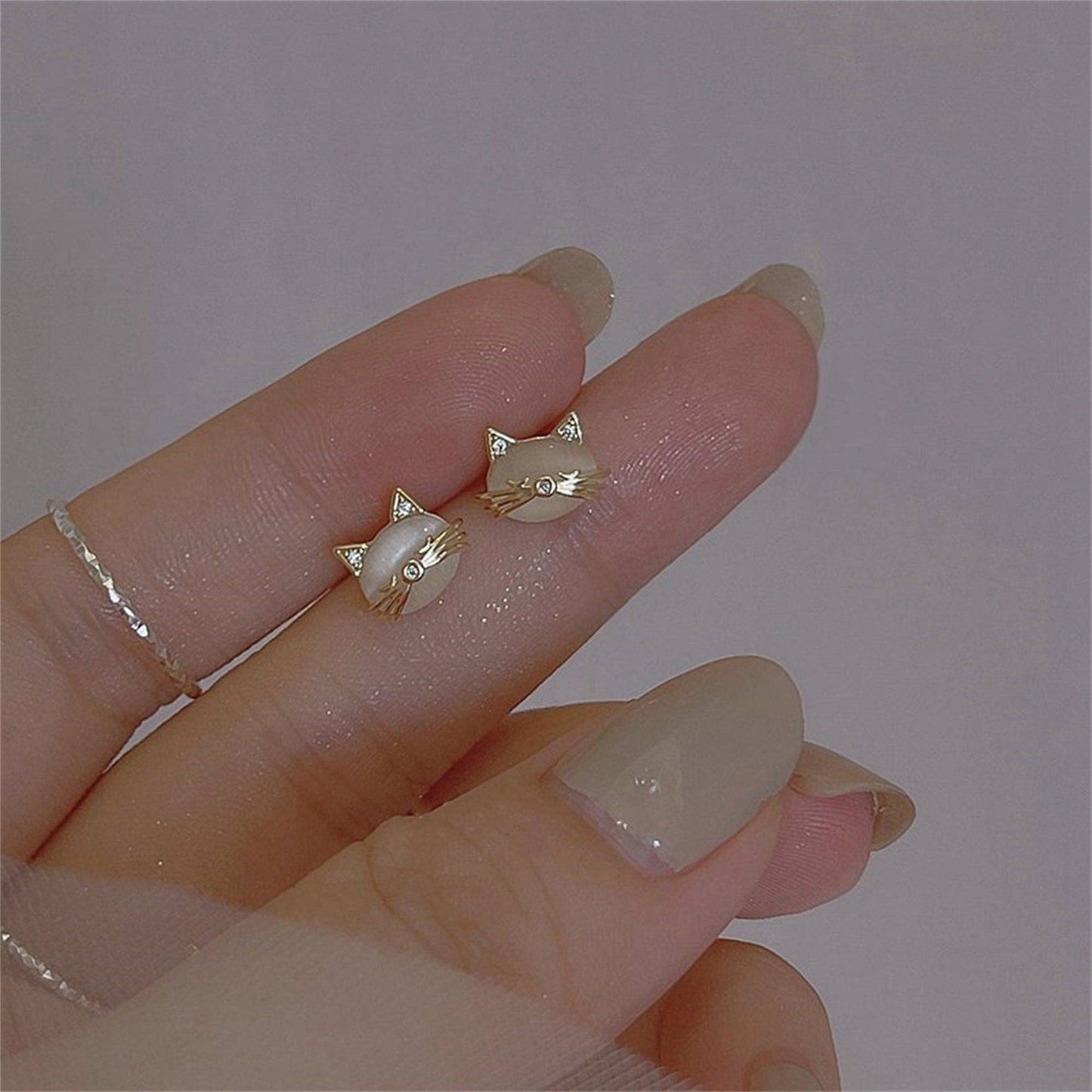 Cute Mini Opal Cat Stud Earrings in 925 Sterling Silver: Gold