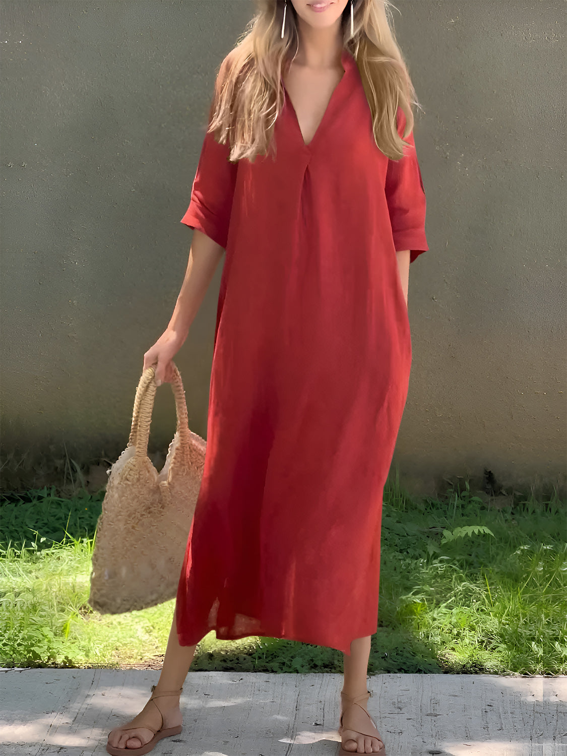 Full Size Notched Half Sleeve Midi Dress – destingiftgarden Full Size Notched Half Sleeve Midi Dress – destingiftgarden