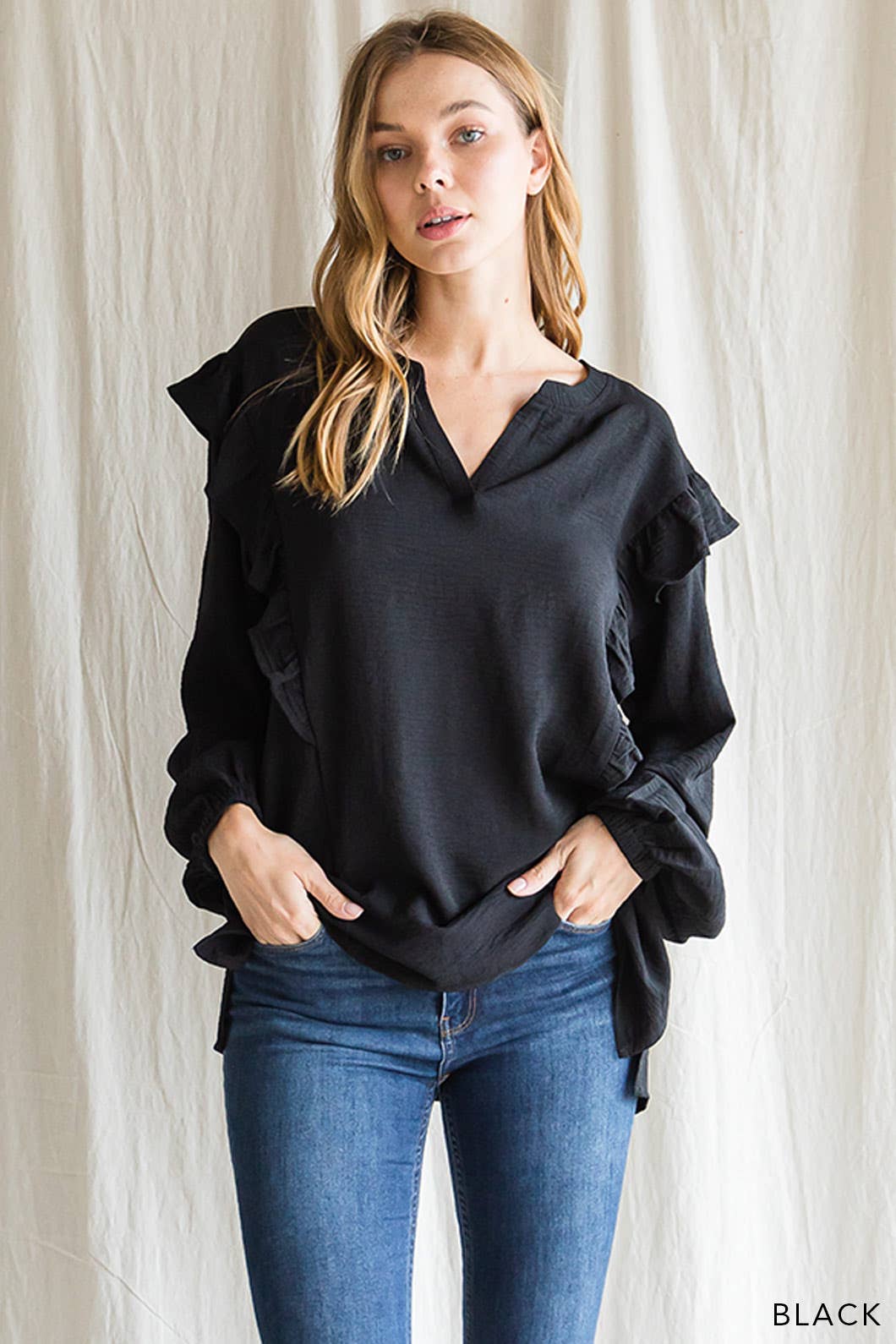 Airflow Ruffle Detail Women's Long Sleeve Top: LARGE / BLACK