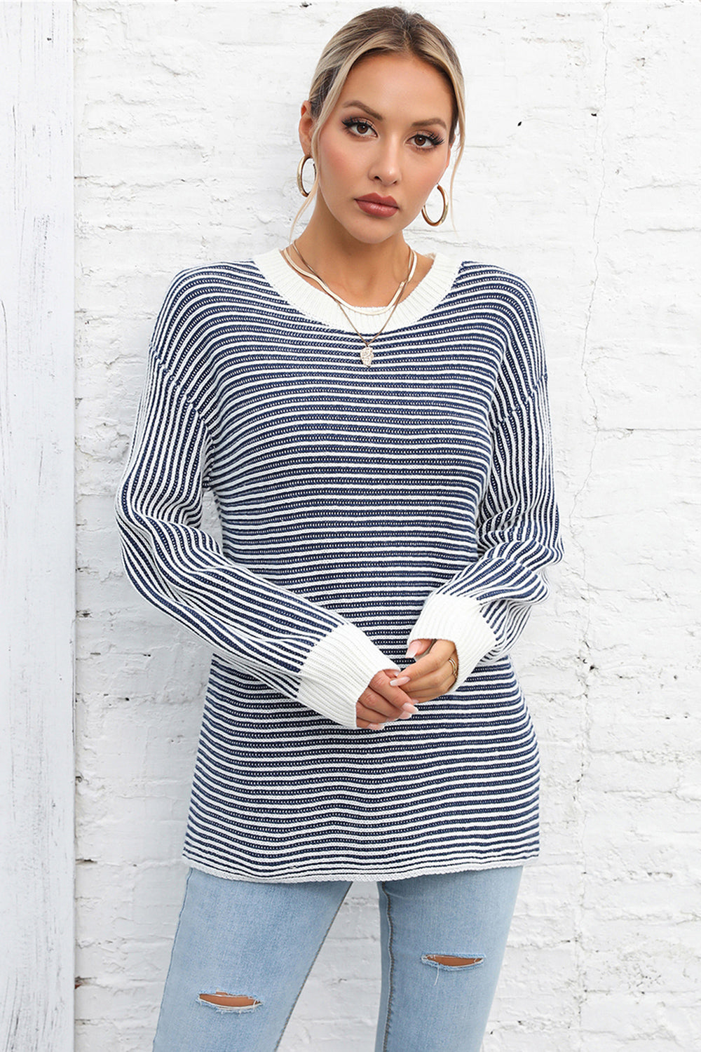 Angel Wings Striped Round Neck Long Sleeve Knit Top