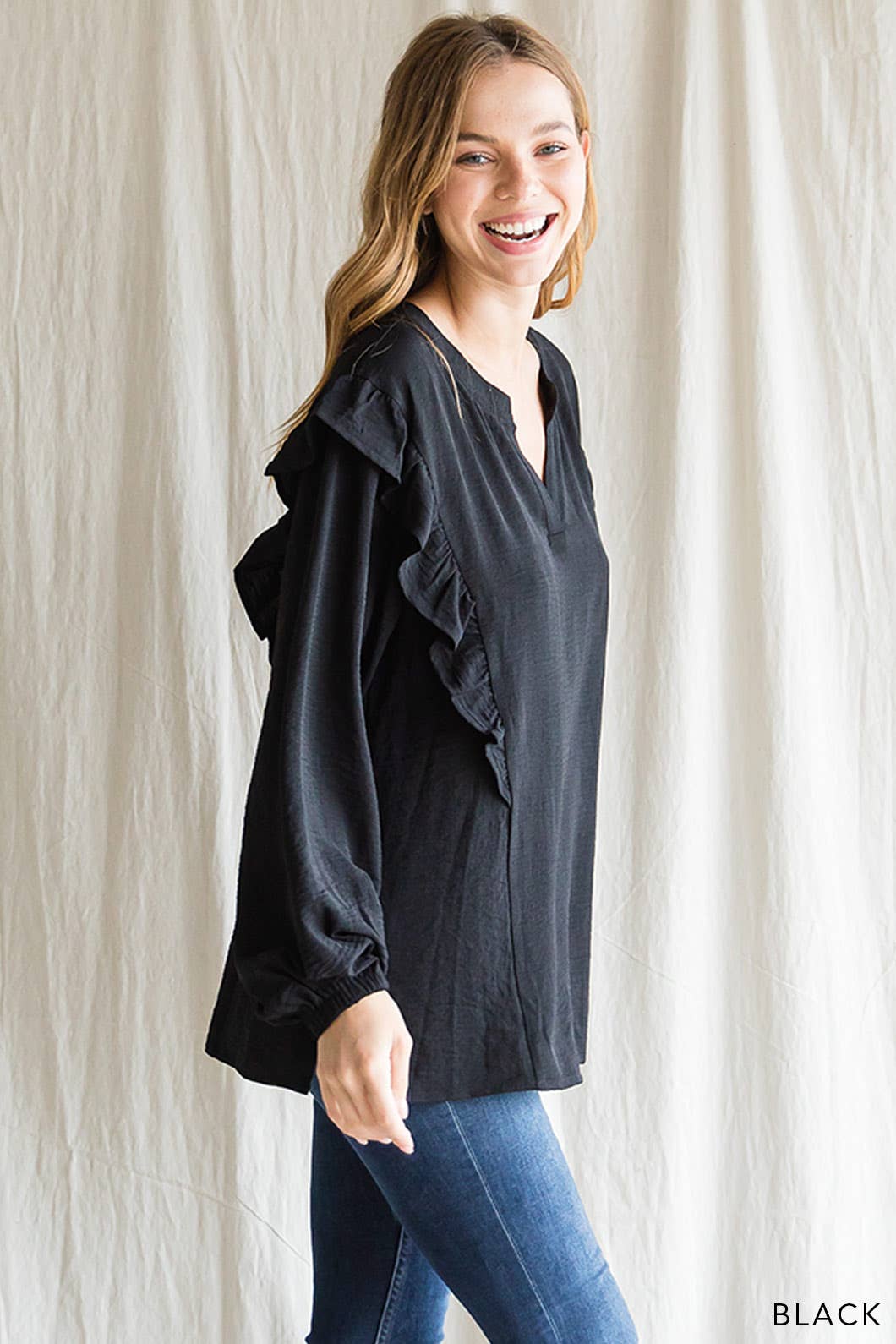 Airflow Ruffle Detail Women's Long Sleeve Top: SMALL / BLACK