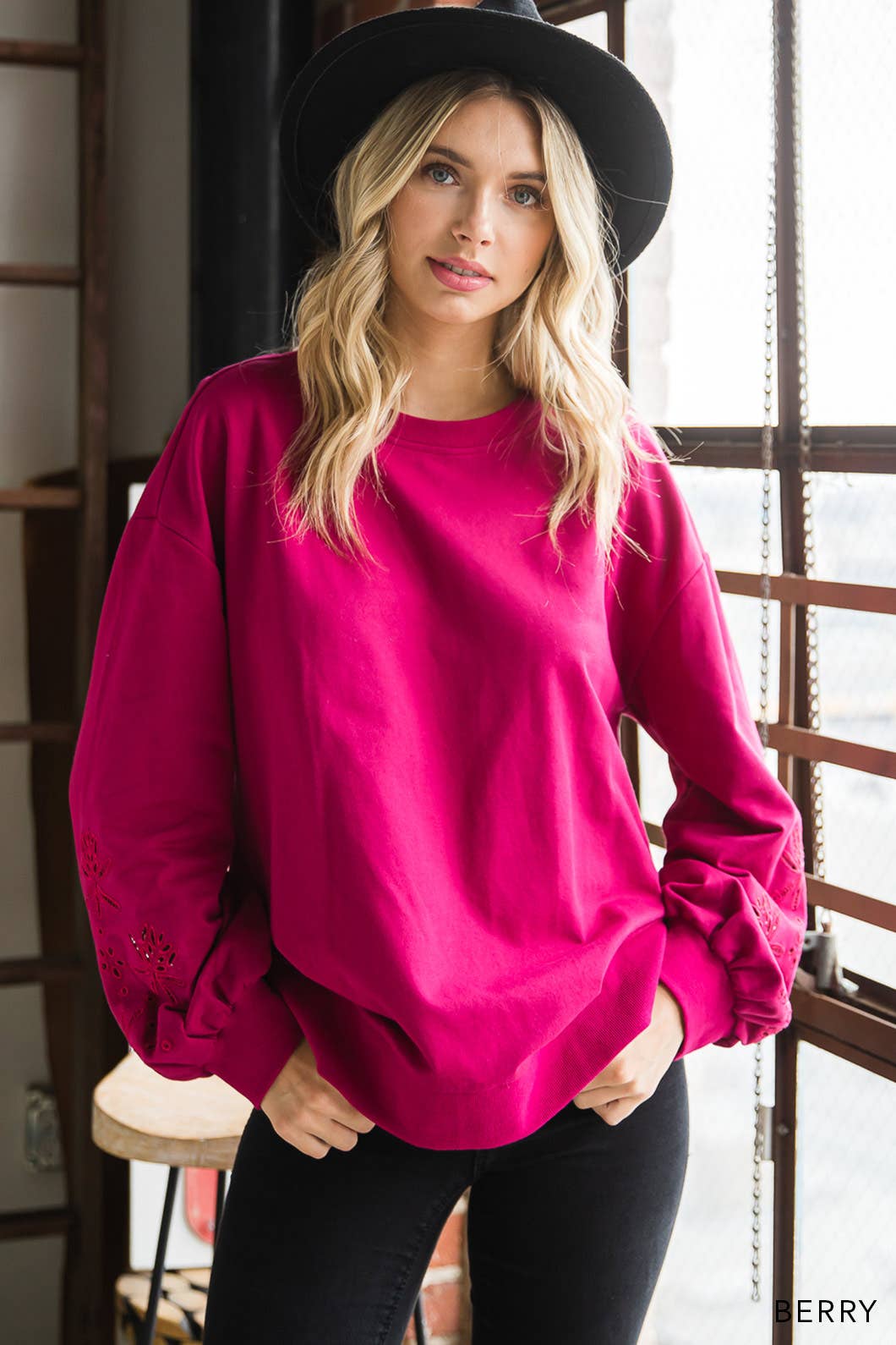 Women's Embroidery Sleeve Cotton Terry Pullover Top: S-M-L-XL / BERRY