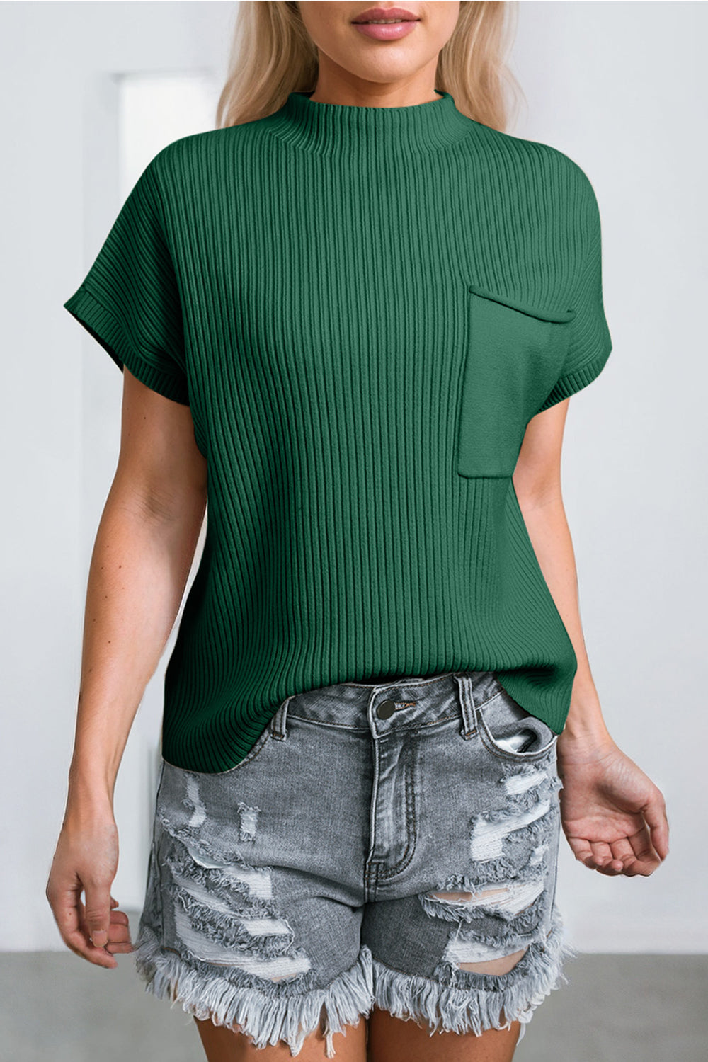 Ribbed Mock Neck Short Sleeve Knit Top