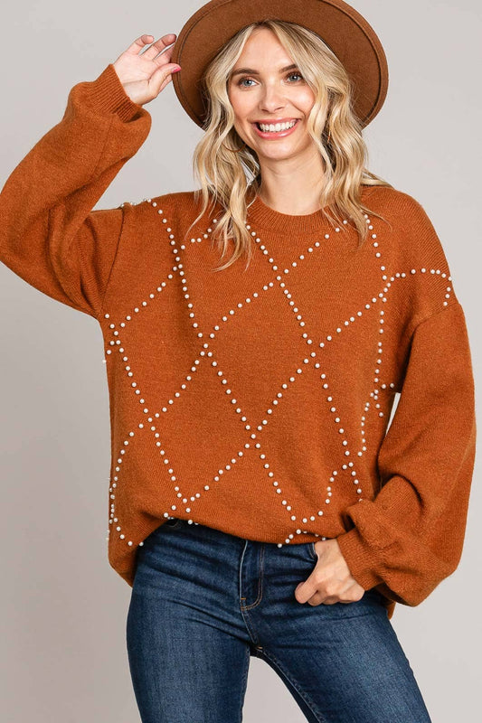 Casual Pearl Trim Knit Sweater for Women: CARAMEL / S-M-L-XL