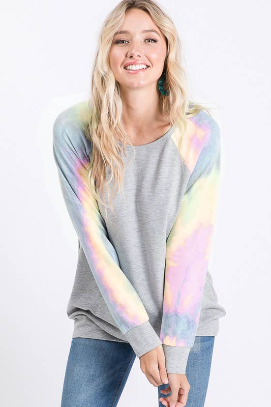 LONG SLEEVE SOLID AND TIE DYE PRINT CONTRAST TOP