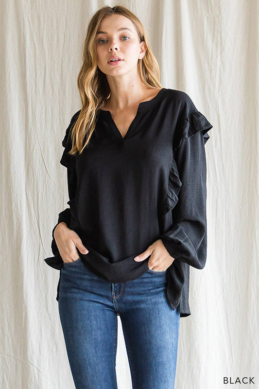 Airflow Ruffle Detail Women's Long Sleeve Top: SMALL / BLACK