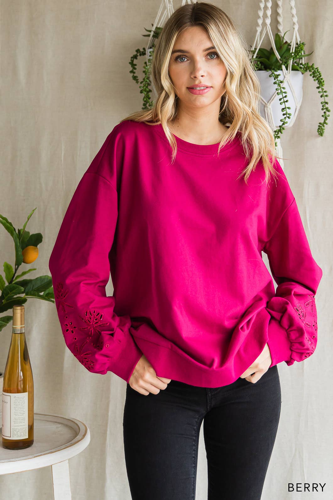 Women's Embroidery Sleeve Cotton Terry Pullover Top: S-M-L-XL / BERRY